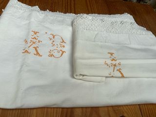Juego Sábanas Lino Antiguo 170x250 Bordado Naranja