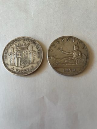 2 Monedas de plata de 5 Pesetas año 1870 España.