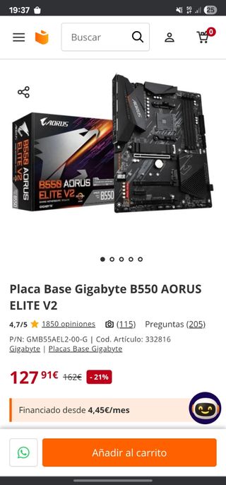 Placa Base Gigabyte B550 AORUS Elite V2 + CPU + RA