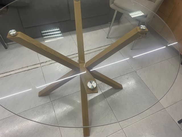 Mesa Comedor Cristal Redonda Patas Madera