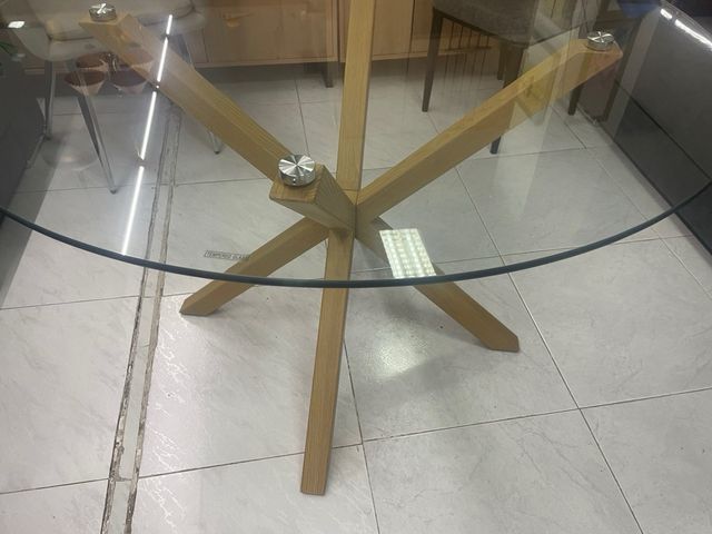 Mesa Comedor Cristal Redonda Patas Madera
