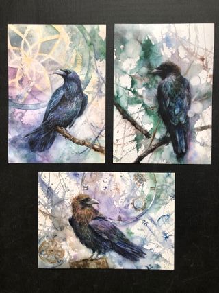 3 Stampe ad acquerello di corvo e orologi