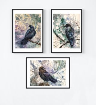 3 Stampe ad acquerello di corvo e orologi