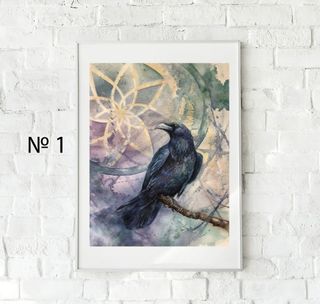 3 Stampe ad acquerello di corvo e orologi