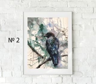 3 Stampe ad acquerello di corvo e orologi