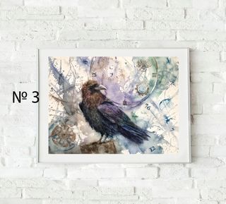 3 Stampe ad acquerello di corvo e orologi