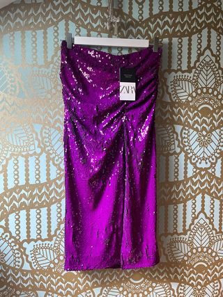 Falda midi drapeada lentejuelas morada Zara