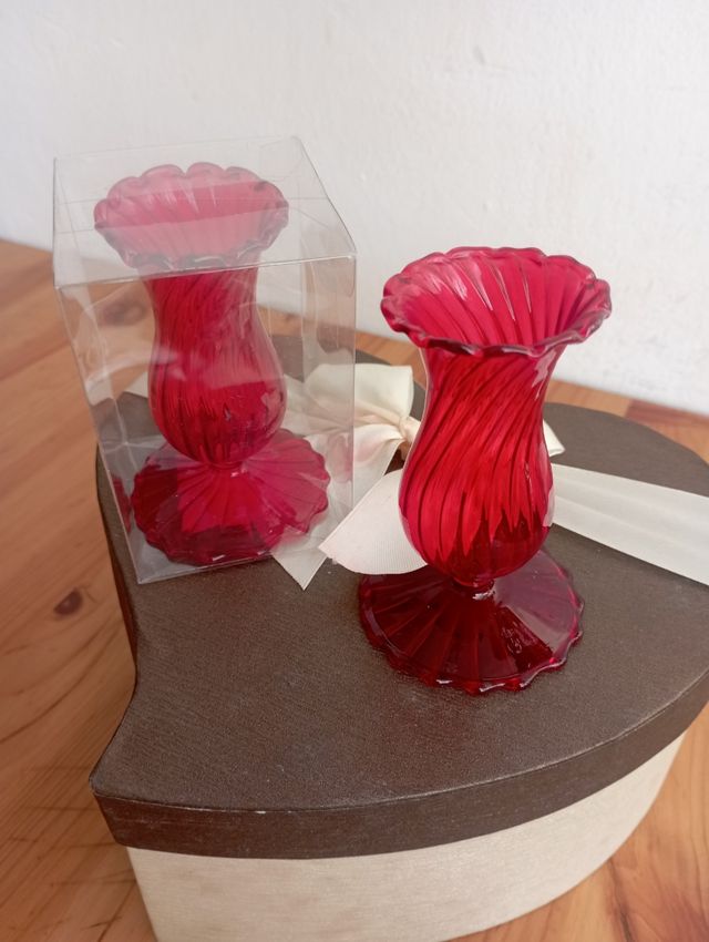 Set coppia portacandele vetro rosso vintage 9 cm