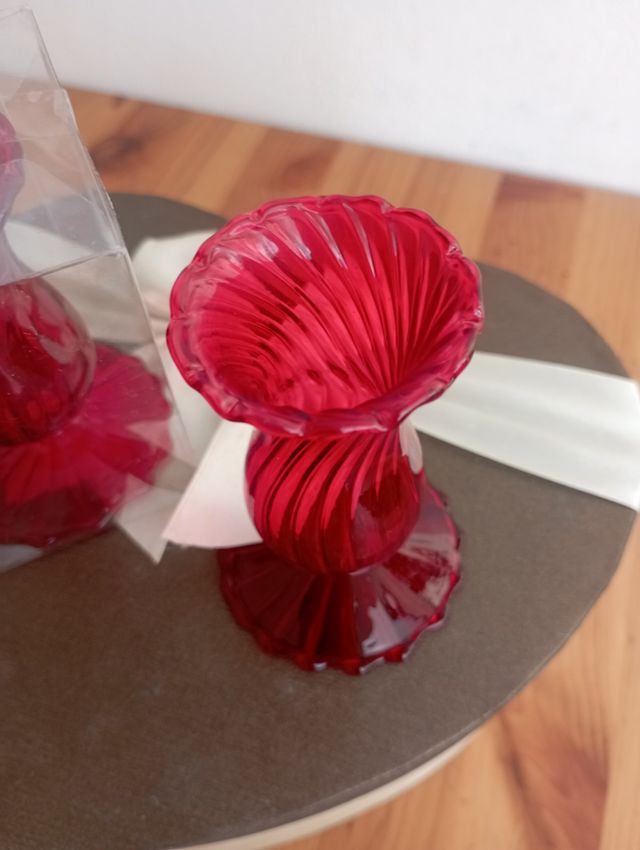Set coppia portacandele vetro rosso vintage 9 cm