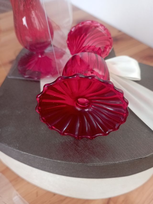 Set coppia portacandele vetro rosso vintage 9 cm