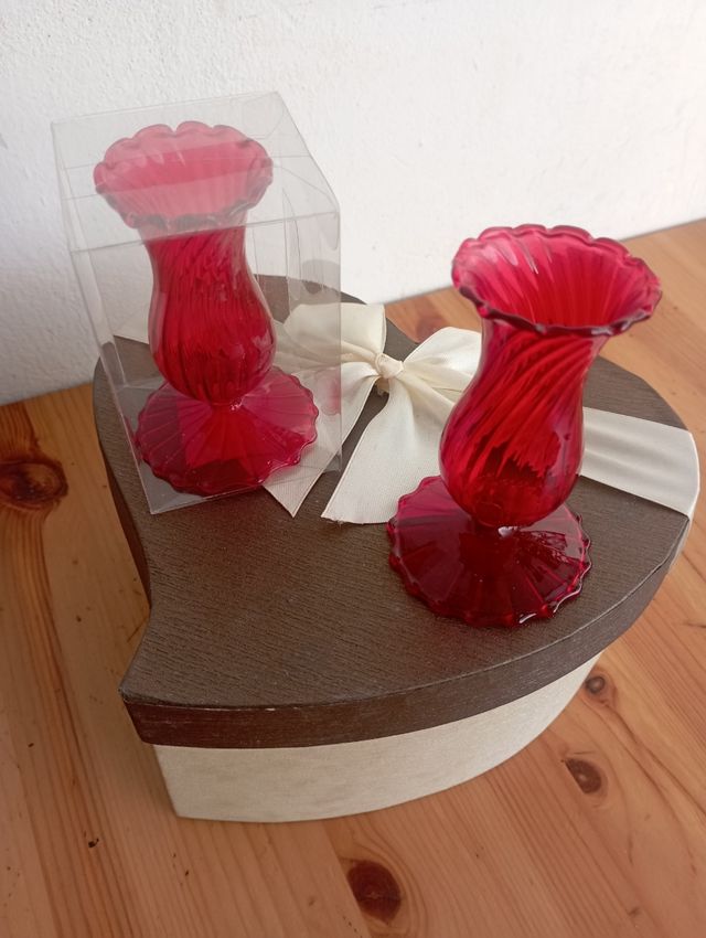 Set coppia portacandele vetro rosso vintage 9 cm