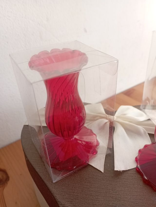 Set coppia portacandele vetro rosso vintage 9 cm