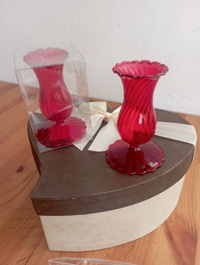 Set coppia portacandele vetro rosso vintage 9 cm