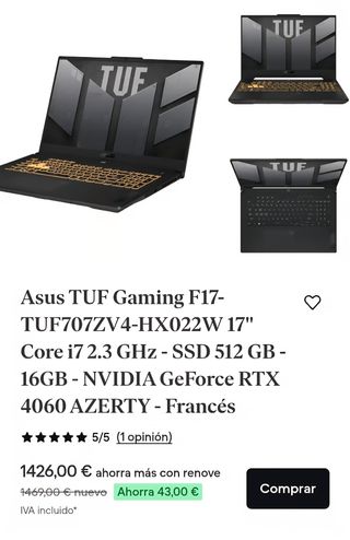 NUEVO Portátil Asus i7 12700h rtx 4060 140w 