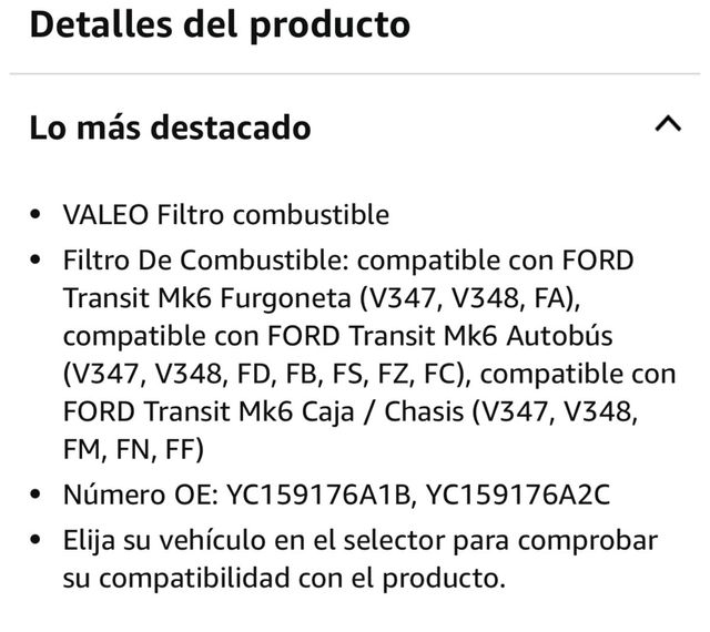 Filtro Combustible Valeo 728722 Ford Transit