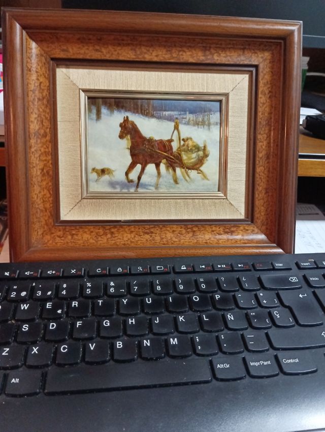 Precioso cuadro de paisaje, carruaje Y caballo