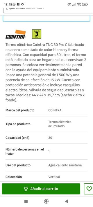 Termo calentador eléctrico Cointra 30l