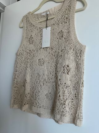 Zara Camiseta Ganchillo Beige Talla Única