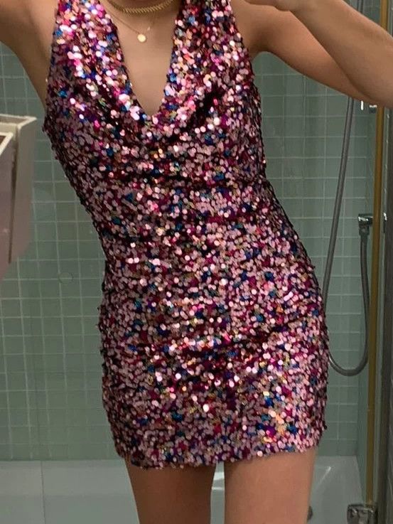 Vestido fiesta rosa multicolor lentejuelas Zara