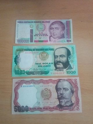 Billetes Peruanos 1000, 5000 y 1 Millón