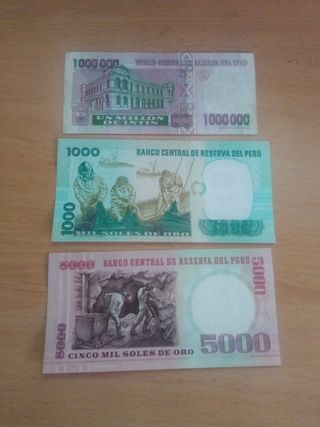 Billetes Peruanos 1000, 5000 y 1 Millón