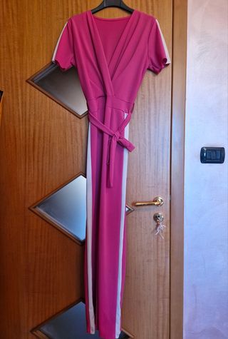 Tuta pantaloni rosa con bande bianche