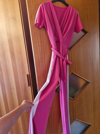 Tuta pantaloni rosa con bande bianche