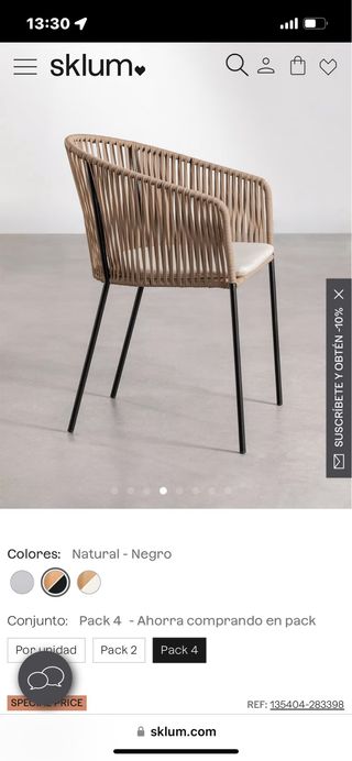 4 Sillas de Jardín Sklum Rattan Negro/Beige