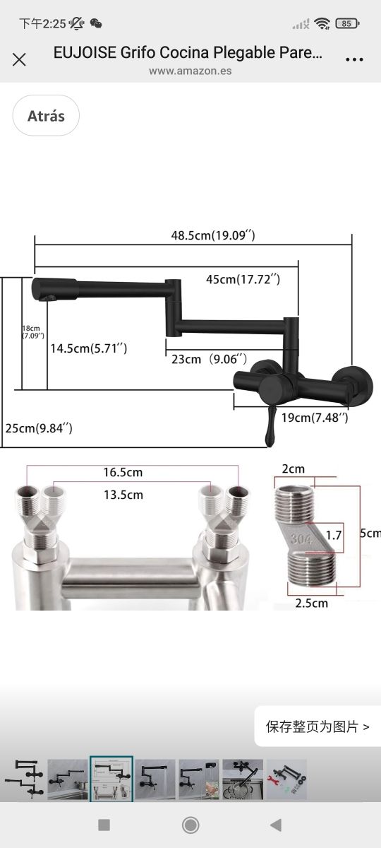 Grifo Cocina Plegable Pared Negro