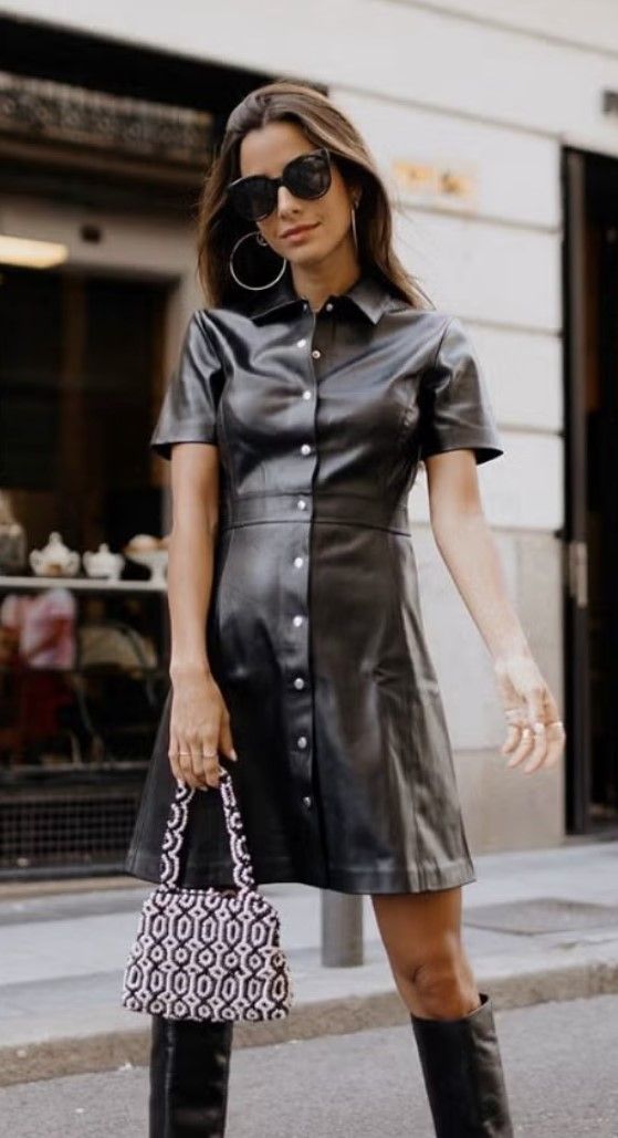 Vestido camisero cuero negro Mango