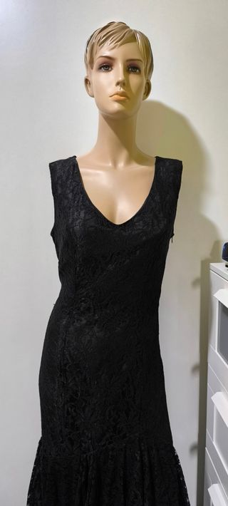 Vestido Negro Encaje Volantes Fiesta Elegante