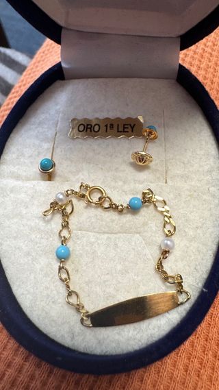 Juego Bebé Oro 18k Pulsera y Pendientes Turquesa
