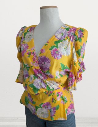Divina blusa amarilla flores manga abullonada M 38