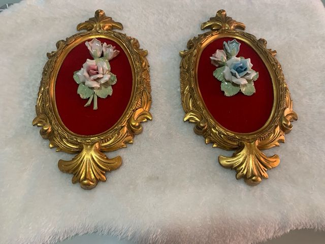 Pareja Cuadros Cerámica Flores Marco Dorado