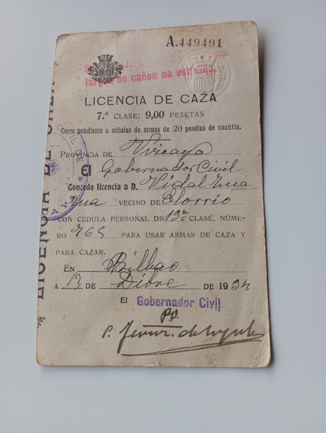Licencia de Caza Vizcaya 1934