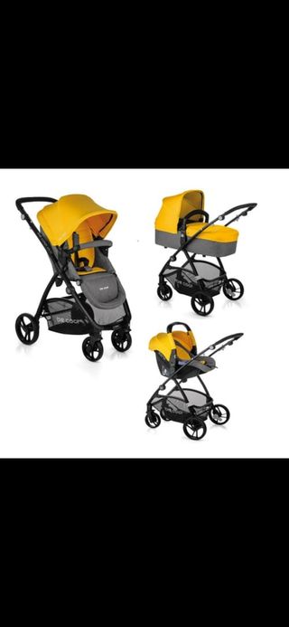 Carrito de bebé y capazo amarillo