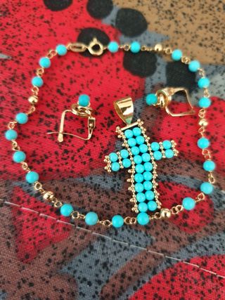 Lote de Joyería Cruz y Aretes pulsera  Oro Turques