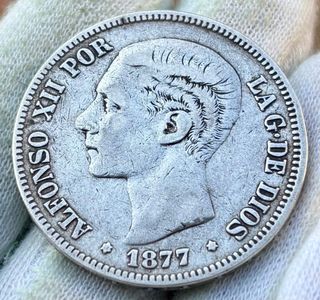 Moneda PLATA 5 Pesetas 1877. ALFONSO XII 