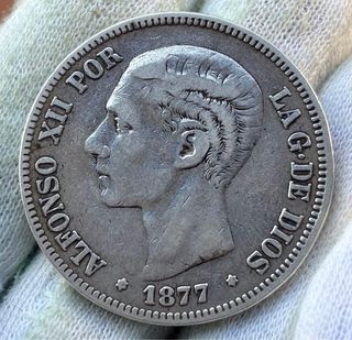 Moneda PLATA 5 Pesetas 1877. ALFONSO XII 