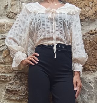 Blusa Zara Blanca Manga Larga Volantes