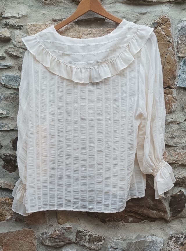 Blusa Zara Blanca Manga Larga Volantes