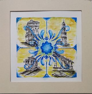 Pintura aguarela original azulejo Porto