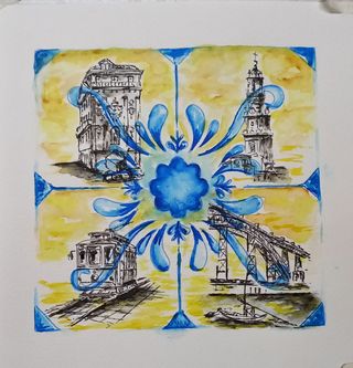 Pintura aguarela original azulejo Porto
