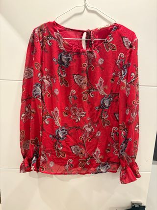 Camisa Chiffon Estampada Manga Larga Roja