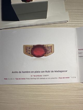 Anillo Plata bañado oro, Hombre Rubí de Madagascar