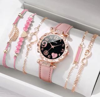 Conjunto de pulseras y reloj rosa y dorado