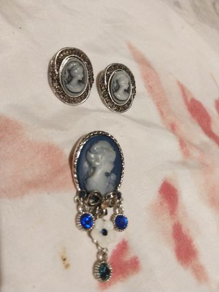 Conjunto Bisutería Antigua Cameo Azul y Plata