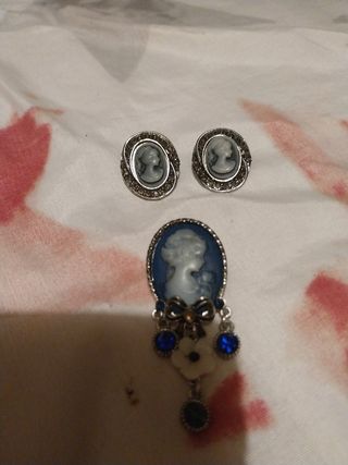 Conjunto Bisutería Antigua Cameo Azul y Plata