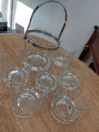 Juego Vasos Whisky y Cubitera Cristal Grabado