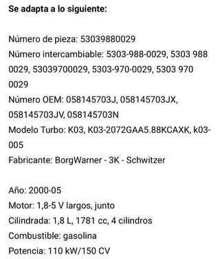 Turbo K03 VW Passat y Audi A4 1.8T 150cv